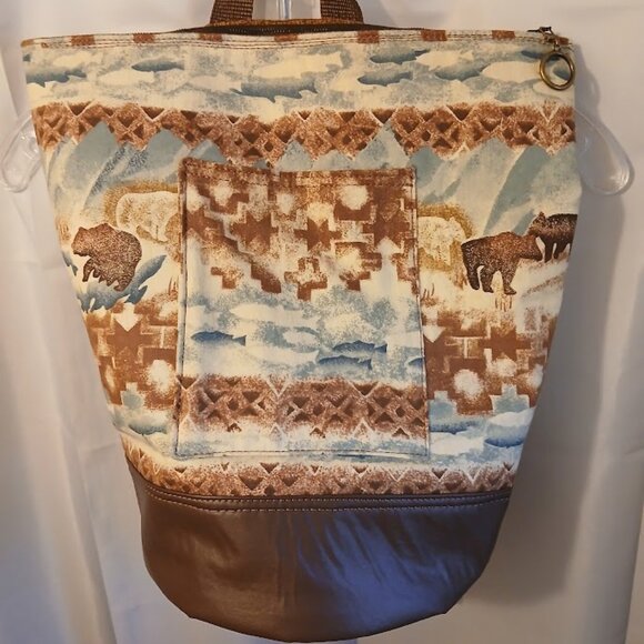 New Southwestern Cowgirl Bucket Tote Backpack Aztec Bear Fish Brown Blue Cowgirl main image 7
